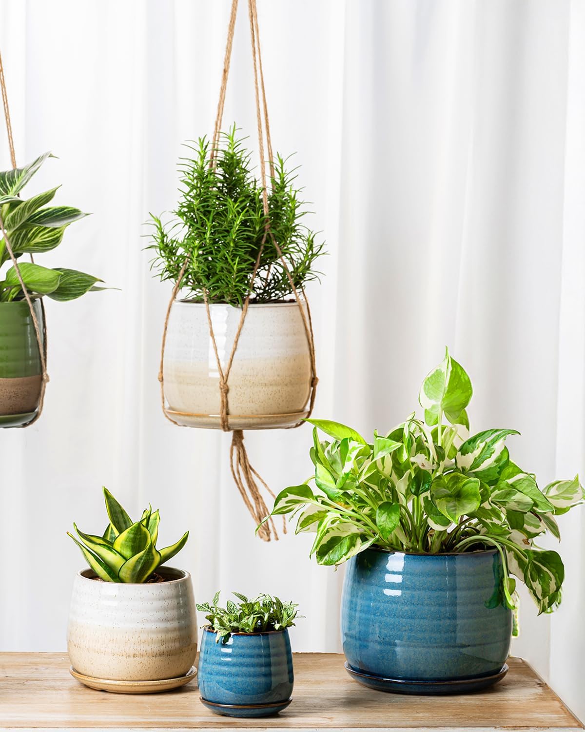 Ceramic Plant Pots with Drainage Holes and Saucers, Indoor Flower Pots for Plants Set of 3, 3.4+4.7+6.1 inch Cute