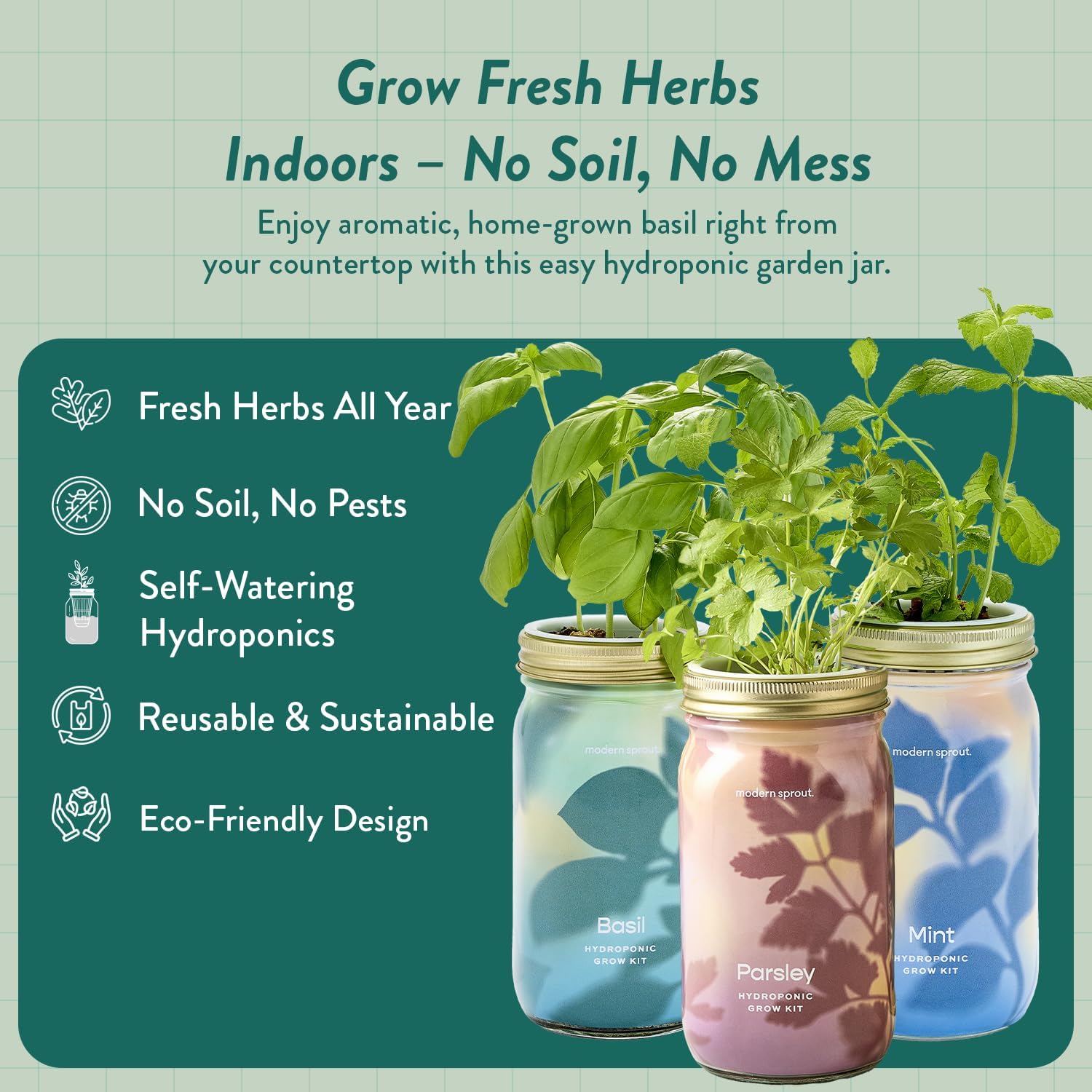 Modern Sprout Garden Jar Gift Pack - Hydroponic Kit - Basil, Parsley & Mint | Self-watering growing system w/organic