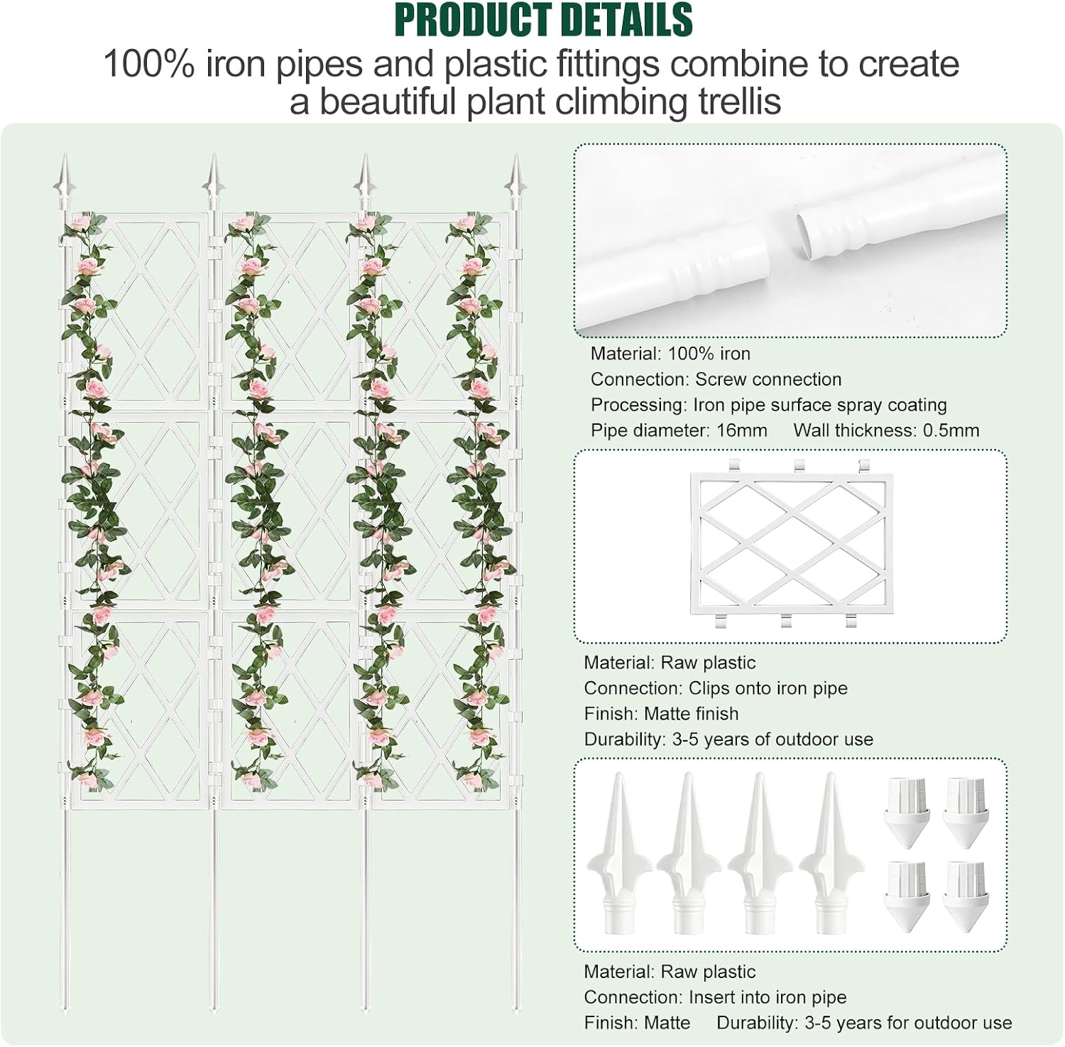 WellSign 63 Inch Metal Pipe Garden Trellis for Climbing Plants Outdoor | Wall White Trellis with Garden Twist Tie