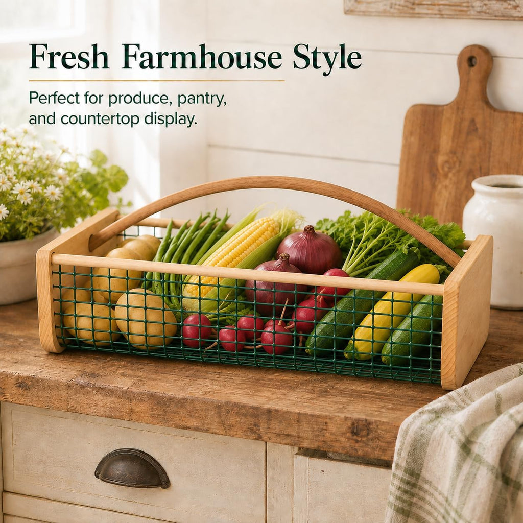 Extra Large Garden Harvest Basket for Vegetables | Wooden Garden Hod with Handle, Coated Metal Mesh Produce Caddy for