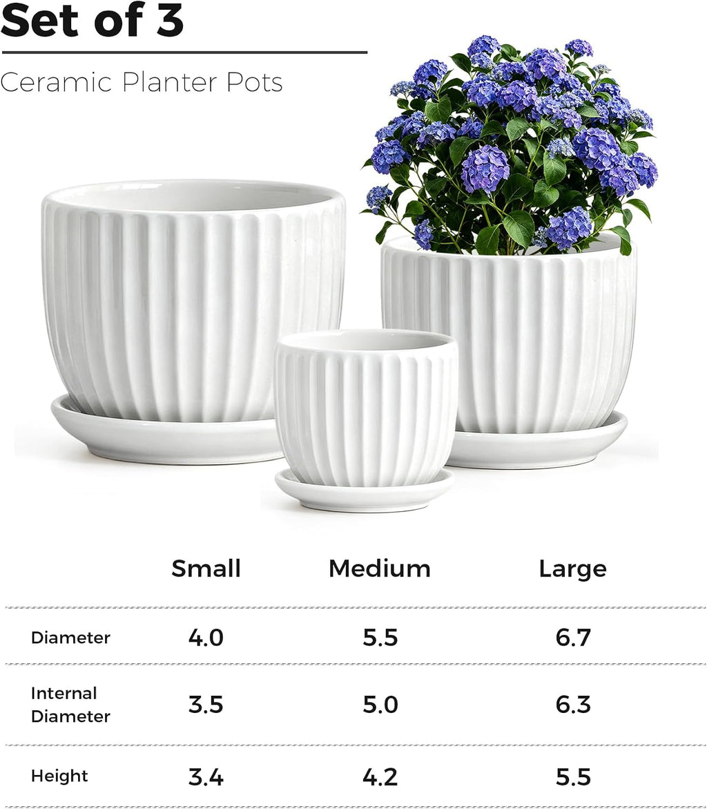 White Plant Pots,Ceramic Flower Pot Set of 3 with Drainage Holes & Saucers | Ceramic Planters for Indoor Plants