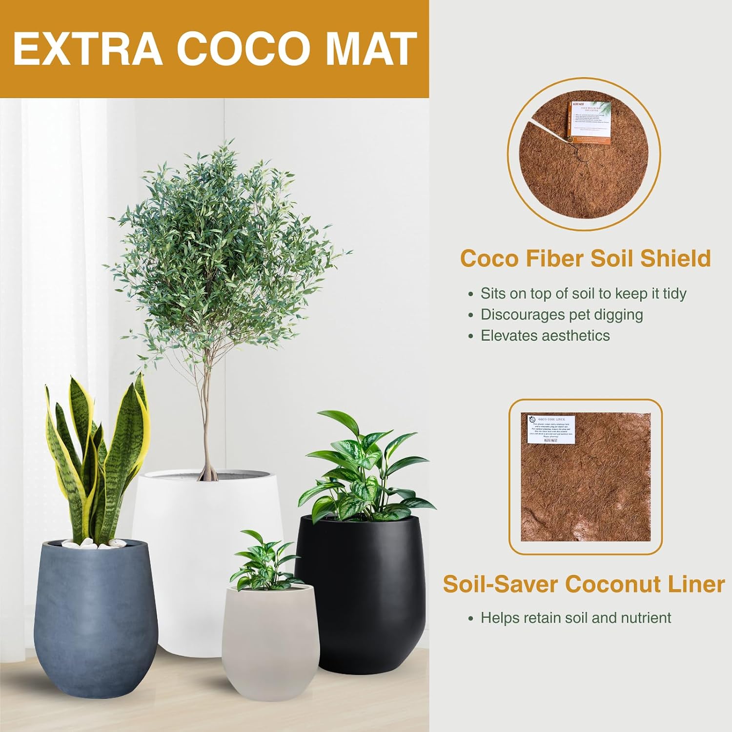 KUTE NEST 12.5"H x 11.5"D Premium Corso Fiberstone Planter - Speckled White | 9" Pot Opening, Ribbed, Included 2 Extra
