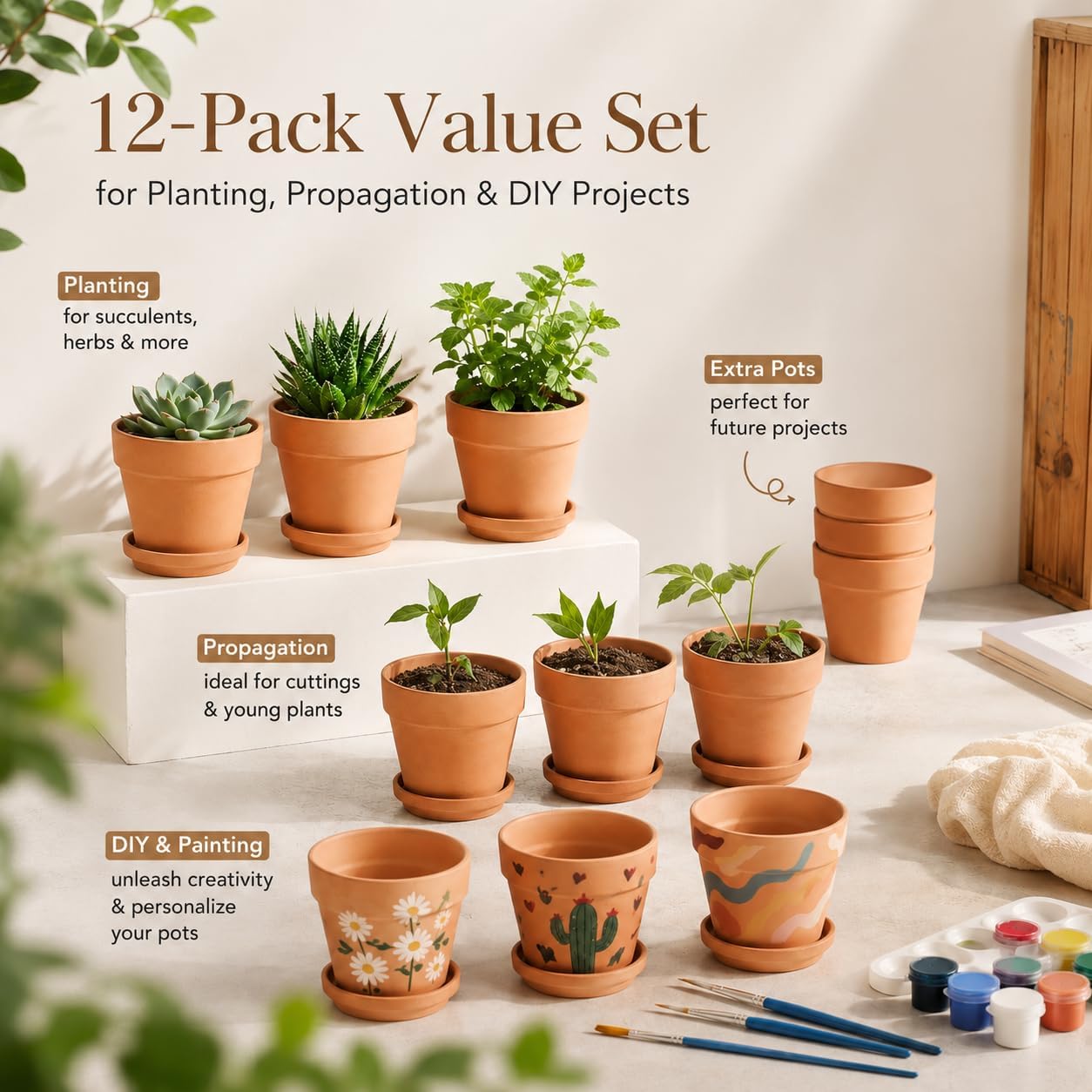 HERDUK Terracotta Starter Pots with Saucers – 4 Inch Clay Planting System for Healthy Roots, Reliable Drainage & Indoor