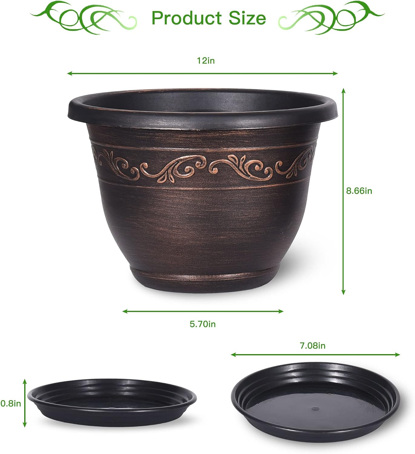 Plastic-Plant-Flower-Planters-12 Inch with Drainage Hole & Saucer, 3 Packs Lightweight Small Resin Flower Pot Indoor