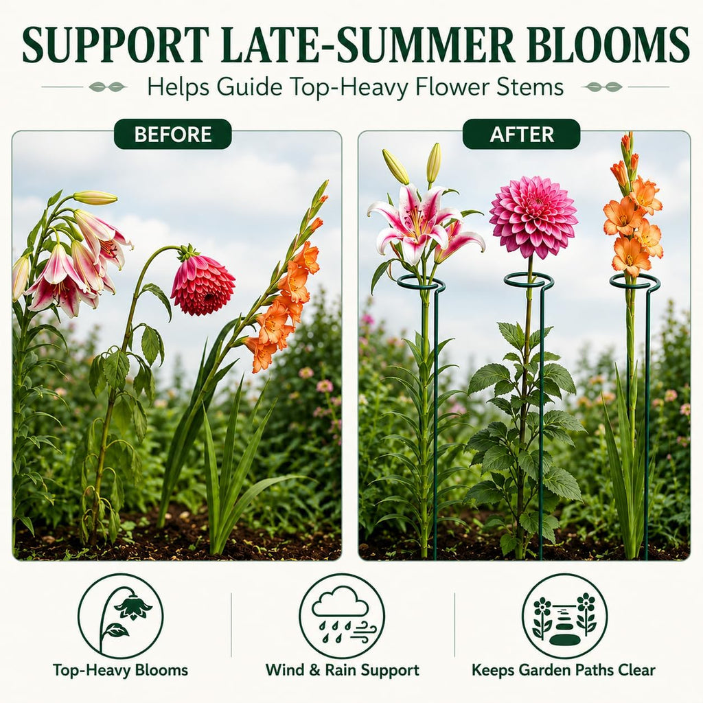 Plant Support Stakes, 20 Pack 24 Inch Metal Rings for Flower Stems | Green powder-coated hoops cradle top-heavy blooms