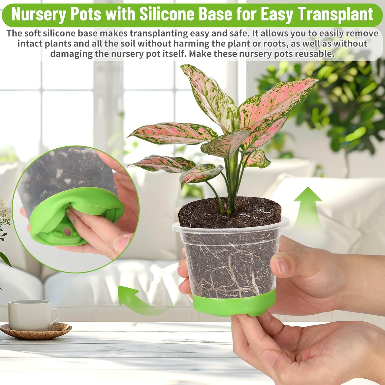 Caffox 57PCS Reusable Seed Starter Kit Includes 26 Packs 4" Clear Nursery Pots with Silicone Base, Repotting Mat