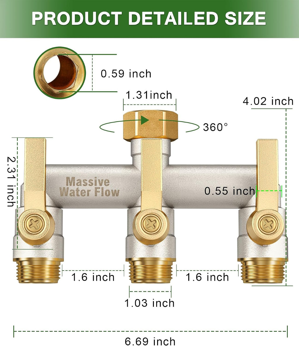 Garden Hose Splitter, 3 Way Hose Splitter Heavy Duty Full Flow Solid Brass Nickel Plated Spigot Splitter Valve with