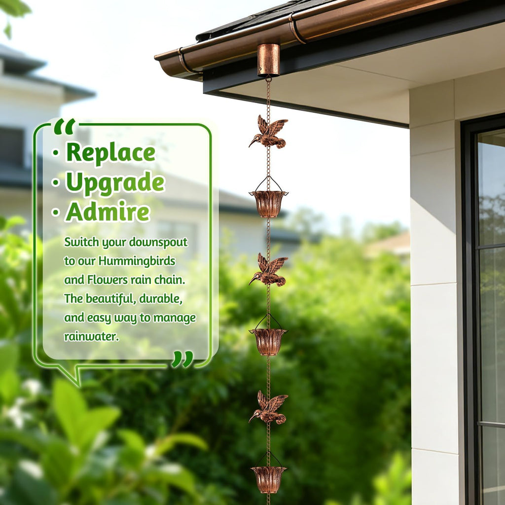 Rain Chains for Gutters Outside Copper with Adapter 8.5FT | 6 Hummingbirds and 6 Flower Cups,Rain Catcher Chain for