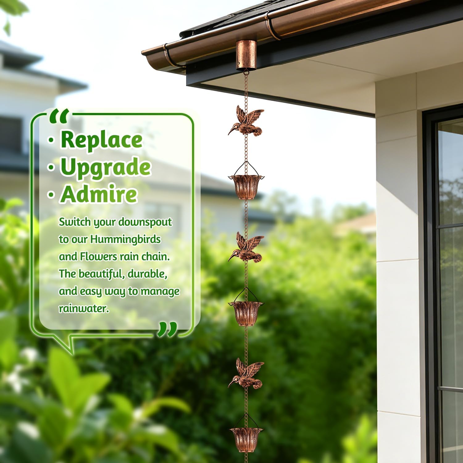 Rain Chains for Gutters Outside Copper with Adapter 8.5FT | 6 Hummingbirds and 6 Flower Cups,Rain Catcher Chain for