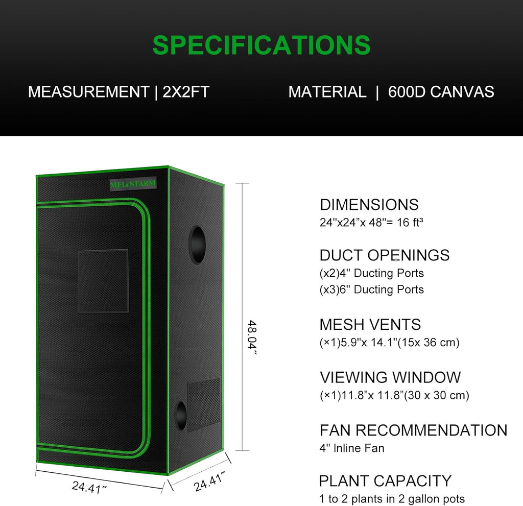 2x2 Grow Tent, 24"x24"x48'' High Reflective 600D Diamond Mylar Canvas with Observation Window and Floor Tray for
