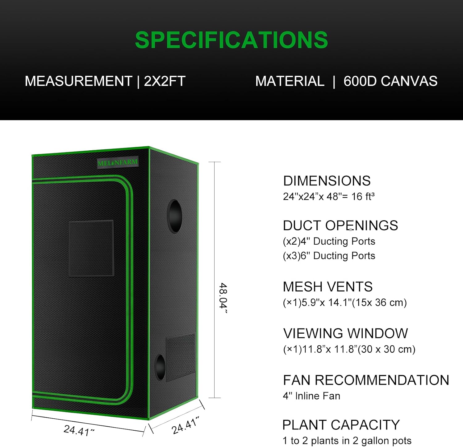2x2 Grow Tent, 24"x24"x48'' High Reflective 600D Diamond Mylar Canvas with Observation Window and Floor Tray for