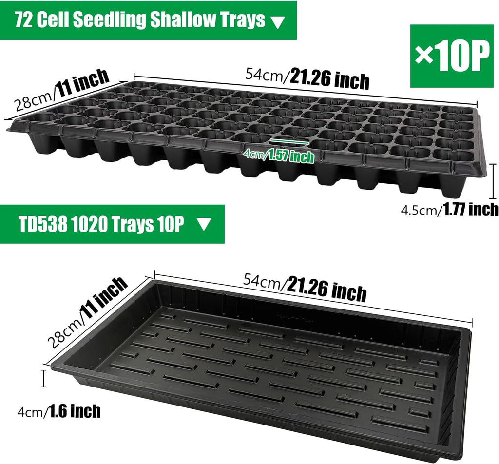 RooTrimmer 10 Pack 1020 Seed Starter Trays and 10 Pcs 72 Cell Plug Trays, Thick Durable Seedling Plastic Nursery Tray