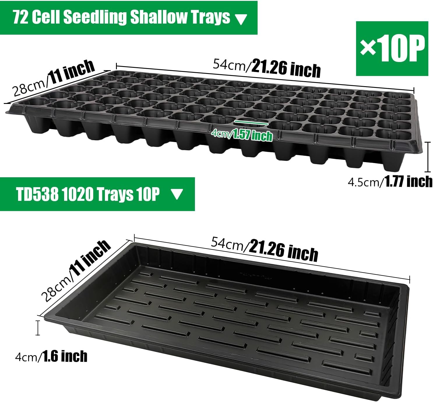 RooTrimmer 10 Pack 1020 Seed Starter Trays and 10 Pcs 72 Cell Plug Trays, Thick Durable Seedling Plastic Nursery Tray