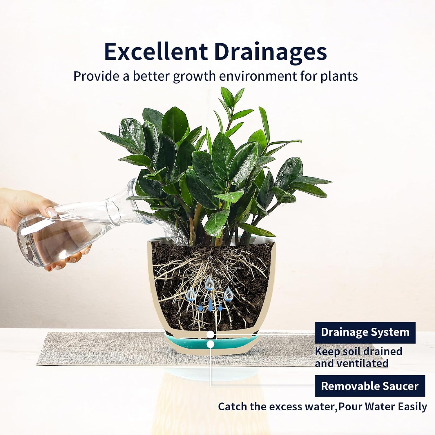 Selamica Ceramica Plant Pots, 6.5 Inch Flower Pots Set of 2 with Drainage Holes & Saucer, Planters for Indoor Plants
