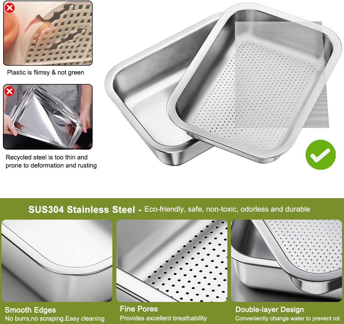 FANHAO 2-Pack Sprouting Tray Kit, Stainless Steel Soil-Free Cultivation Germination Tray, Healthy Wheatgrass Grower