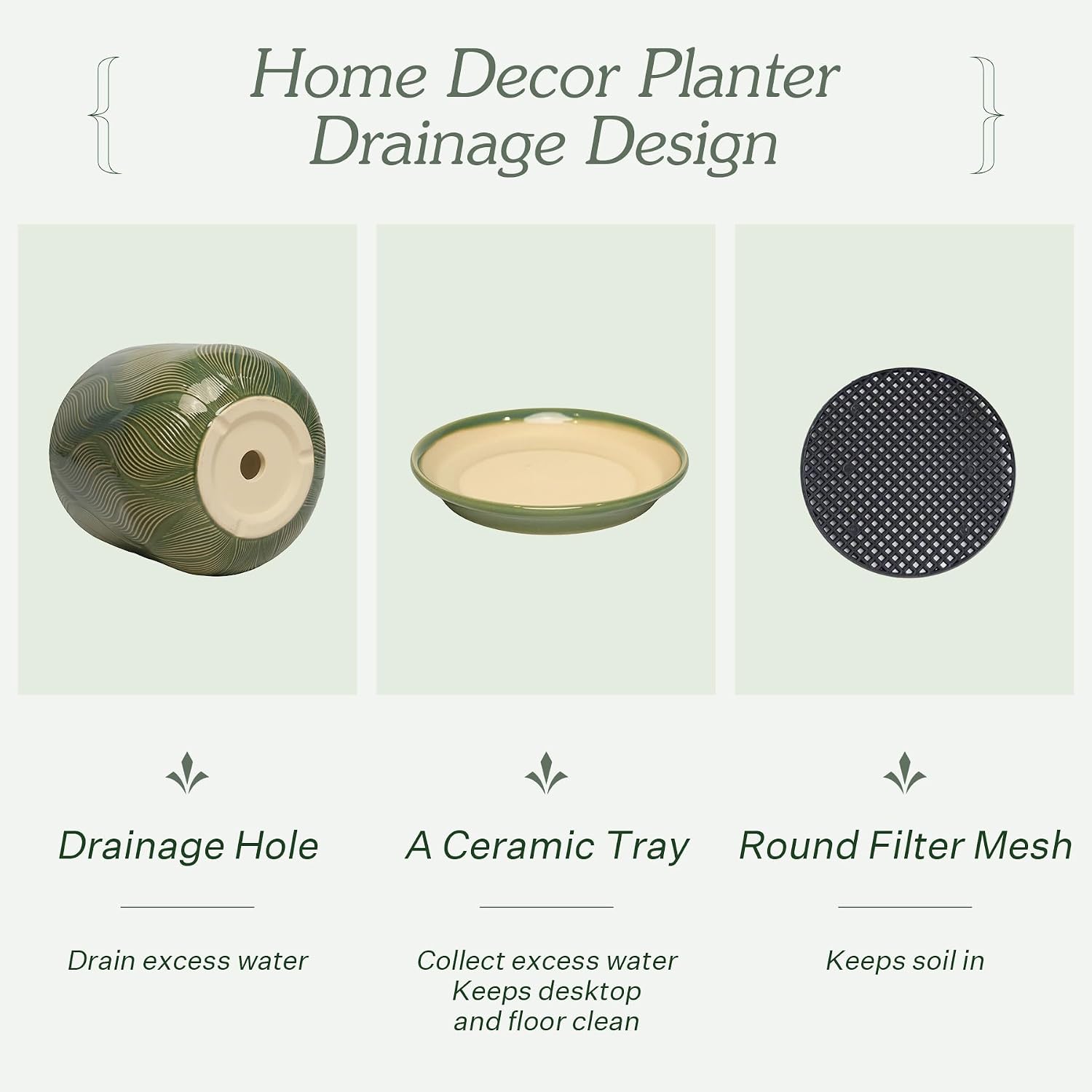 Ceramic Glaze Plant Pot Set 7.2+5.8 Inch Planter with Drainage Hole,Mesh Net,Saucer,for Indoor Outdoor (Leaf-Green)