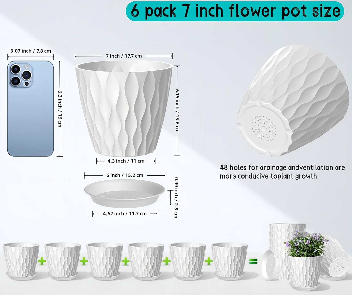 6 Pack 7 Inch Plant Pots with Drainage and Saucers, White Plastic Flower Pots for Indoor and Outdoor Plants, Stackable