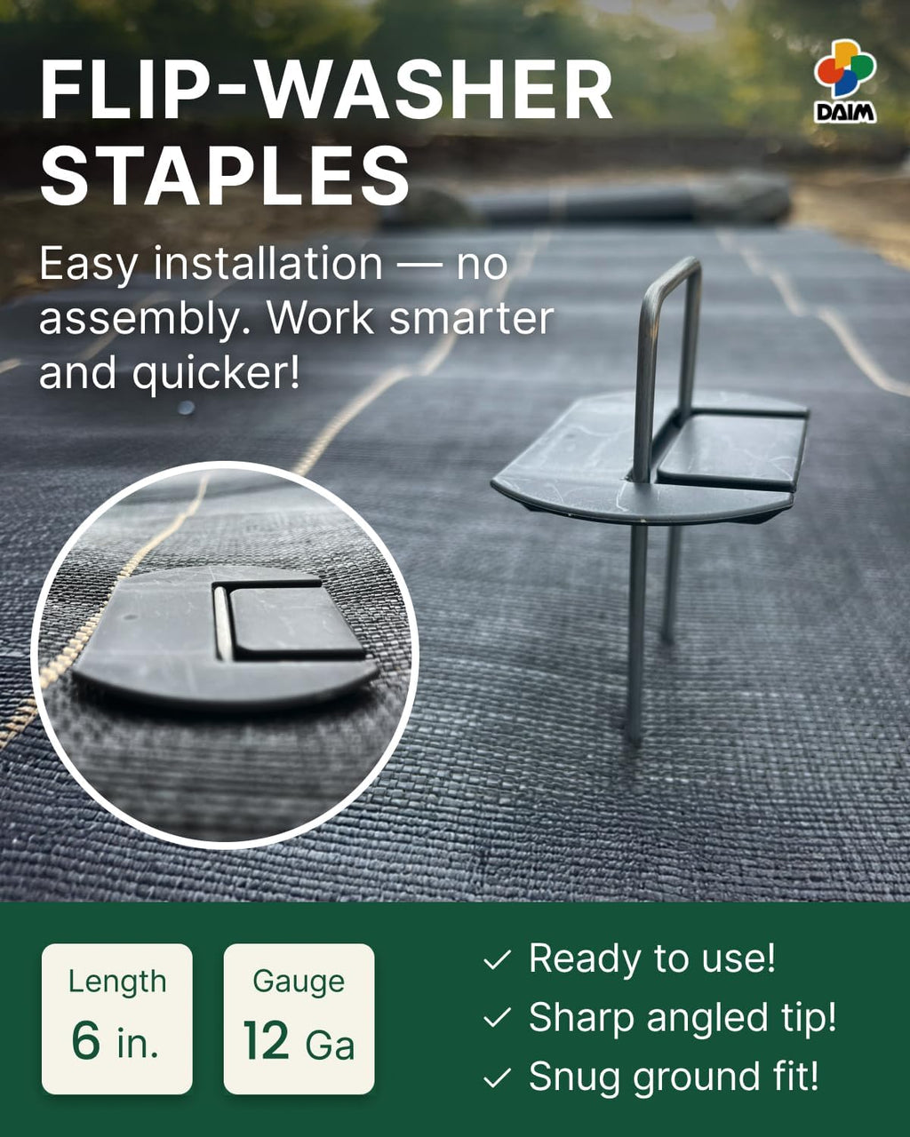 DAIM Flip-Washer Staples, Garden Stakes, 6" Metal Landscape Staples, Yard Stake for Gardening, Ground Spikes &