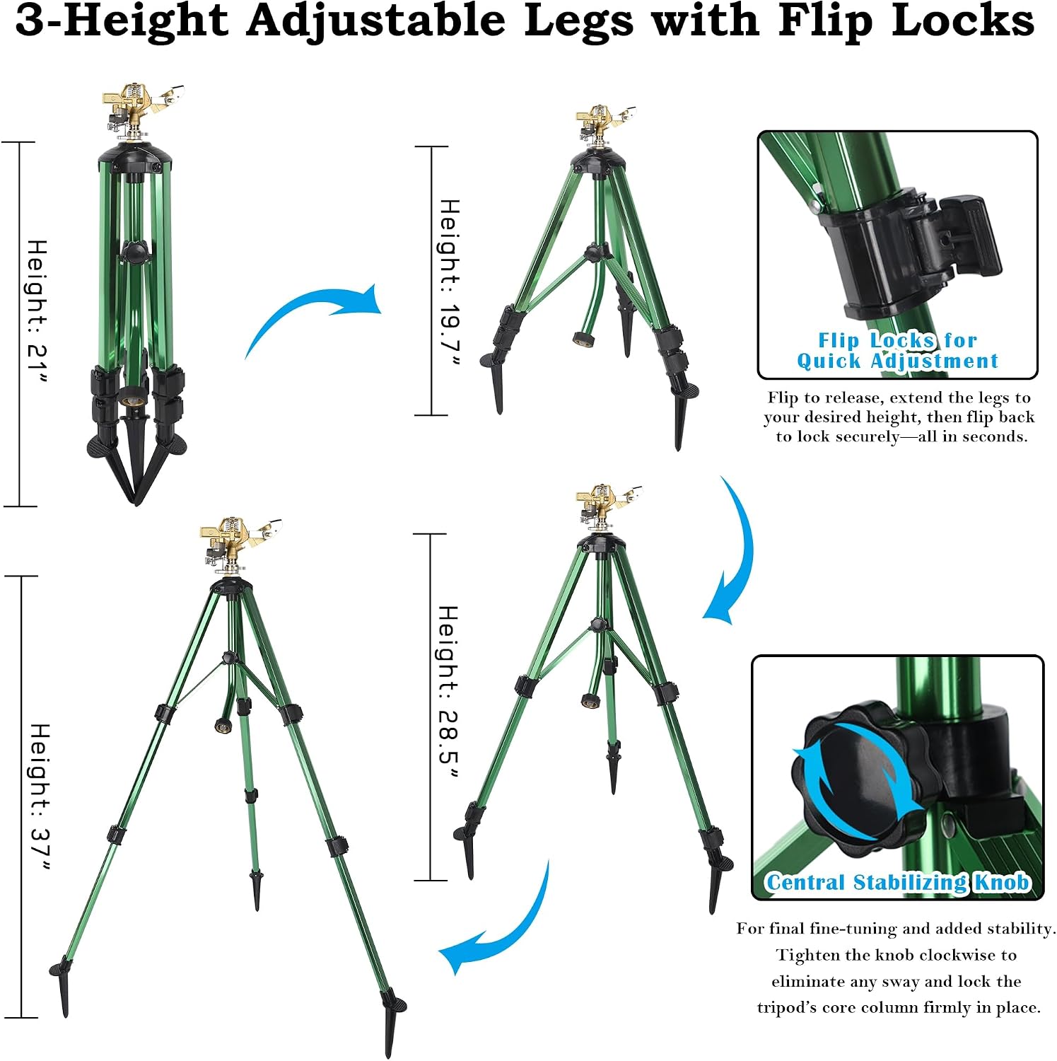 Impact Sprinkler on Tripod Base, 360° Adjustable Brass Sprinkler Head with Stakes, Heavy Duty Metal Tripod Lawn