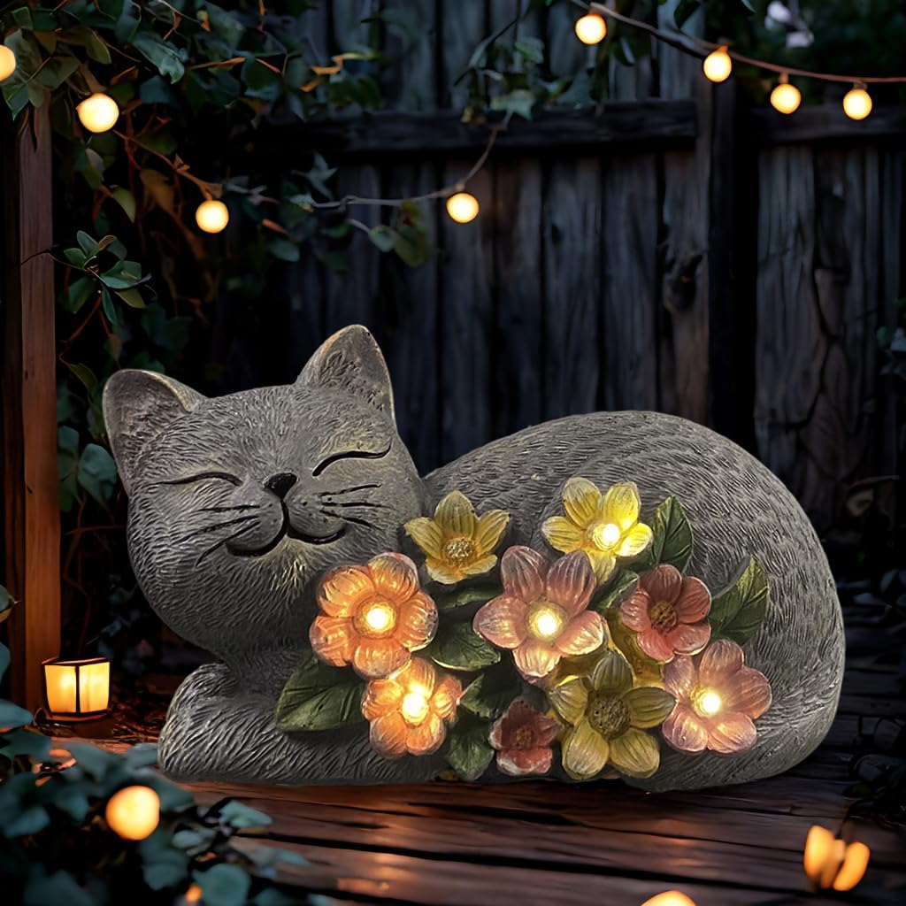 Solar Cat Garden Statue, Resin Solar Cat Lights for Outside | Outdoor Cat Statues with Flower for Lawn Porch Yard Art