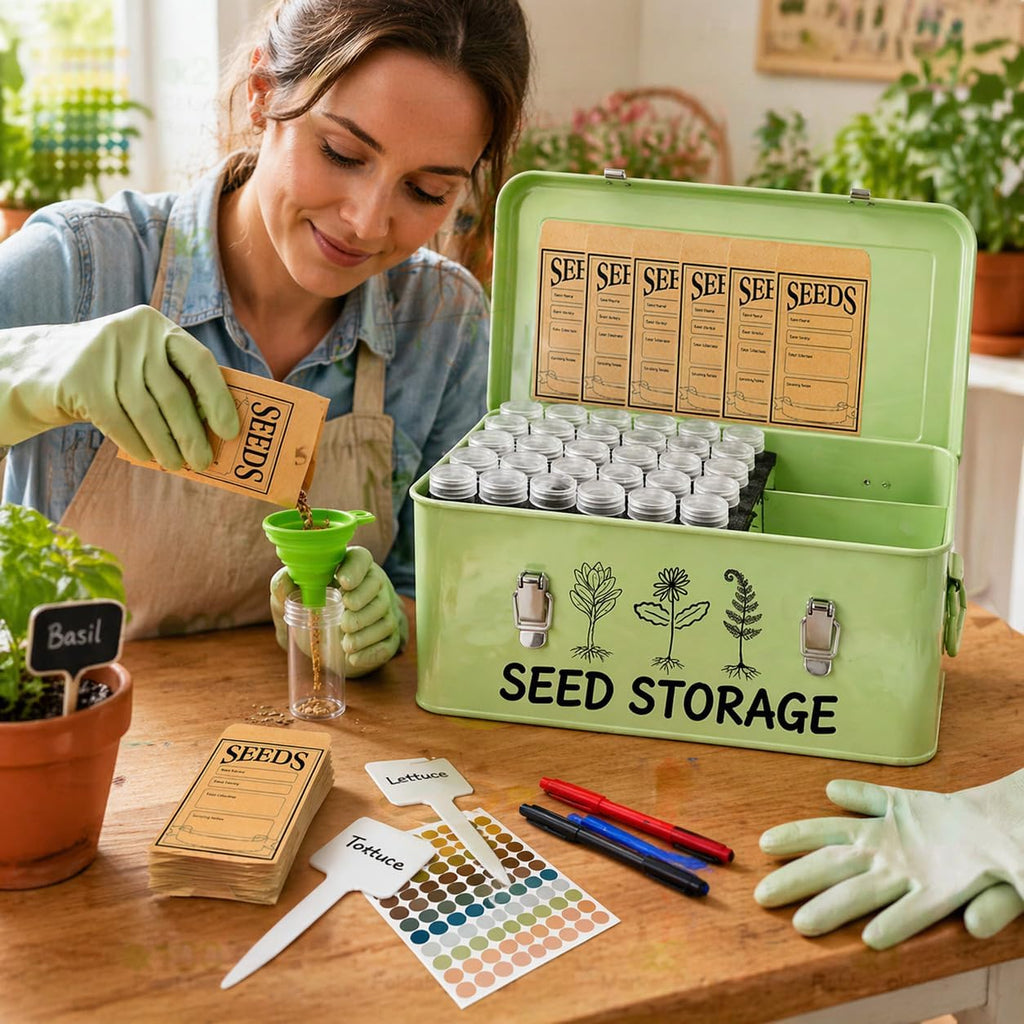 Metal Seed Storage Box Organizer with 3 Compartments, Safety Lock Lid Bin Seed Bottles Envelopes, Plant Labels