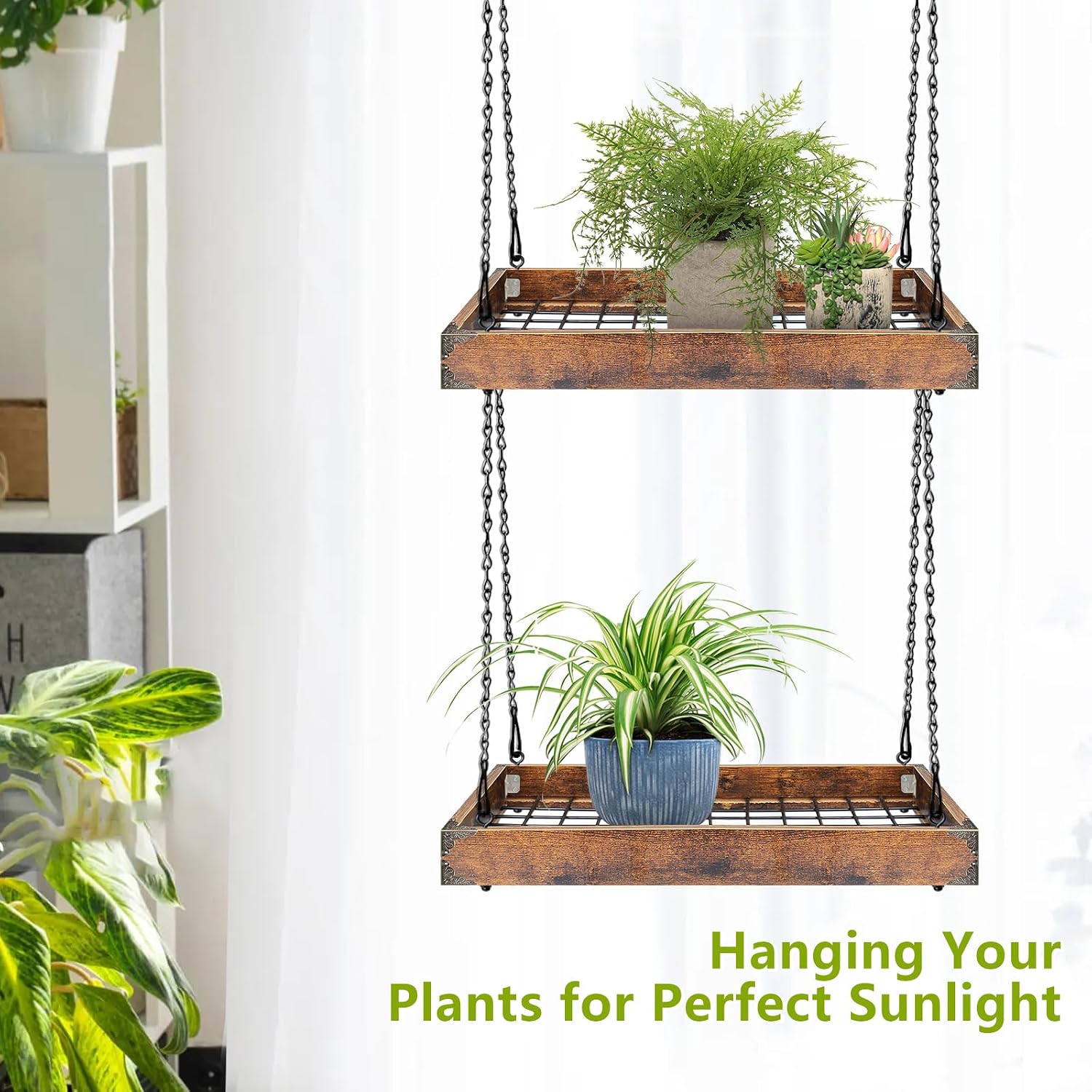 Plant Hanger Indoor Outdoor, 16" Large Hanging Planters for Indoor Plants | Hanging Plant Holder Wood Metal Hanging
