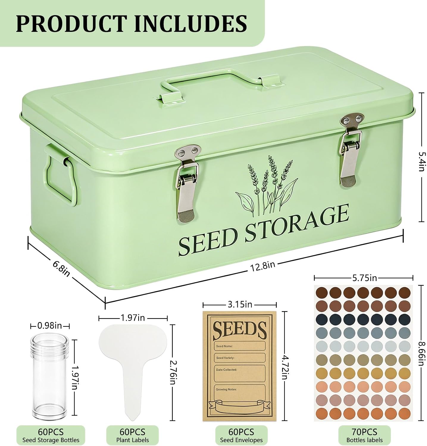 60-Slot Metal Seed Storage Organizer Box, Seed Saving Box | 3 Compartments Organization, 60 Seed Envelopes & Labels