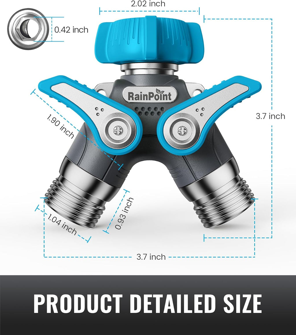 RAINPOINT Garden Hose Splitter 2 Way Heavy Duty,Water Hose Y Spigot Splitter with Shutoff Valves, 100% Metal Body