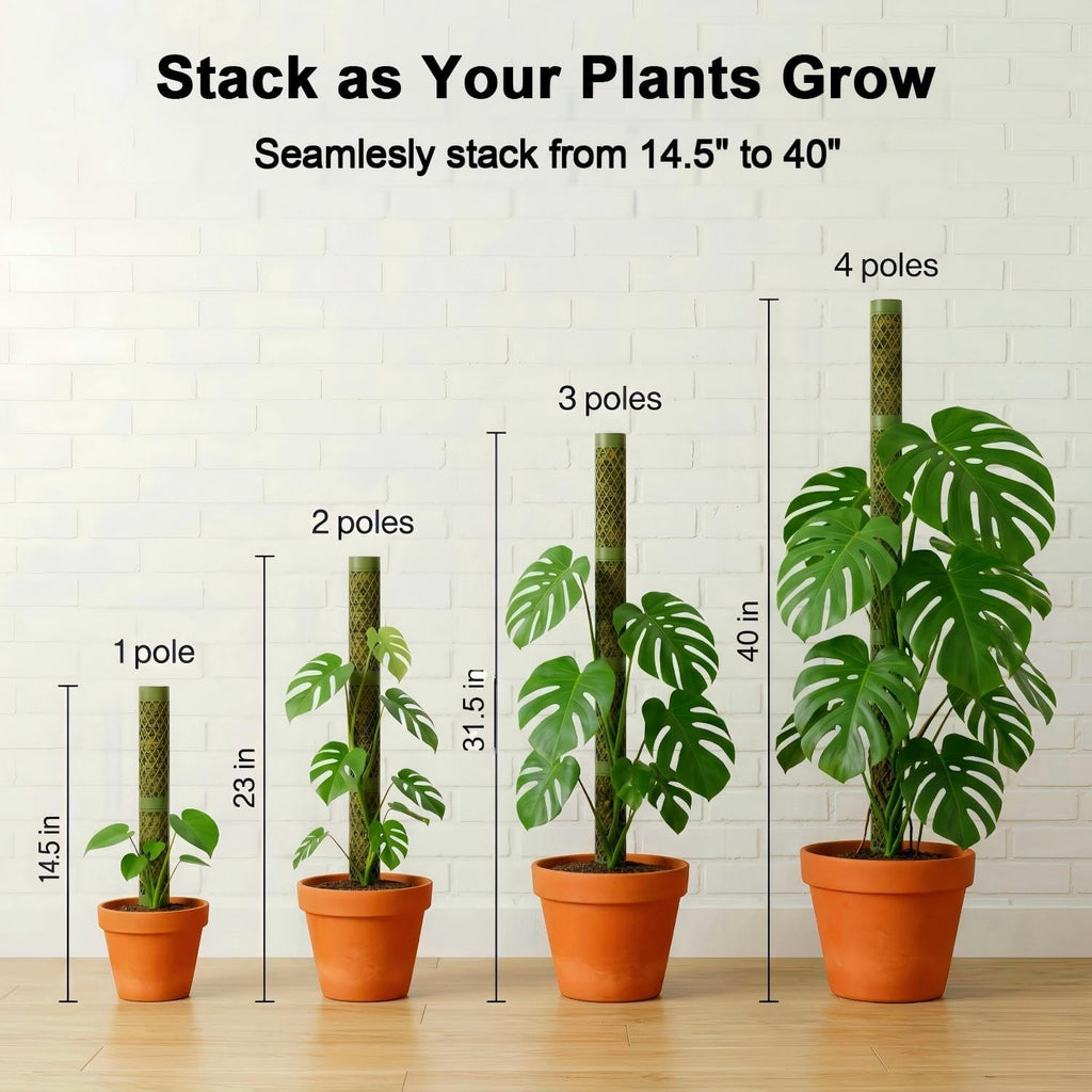 Moss Pole Monstera Plant Support: 40" Stackable Kit for Climbing Vines | No-Rot D-shape Plastic Mesh Trellis Stakes