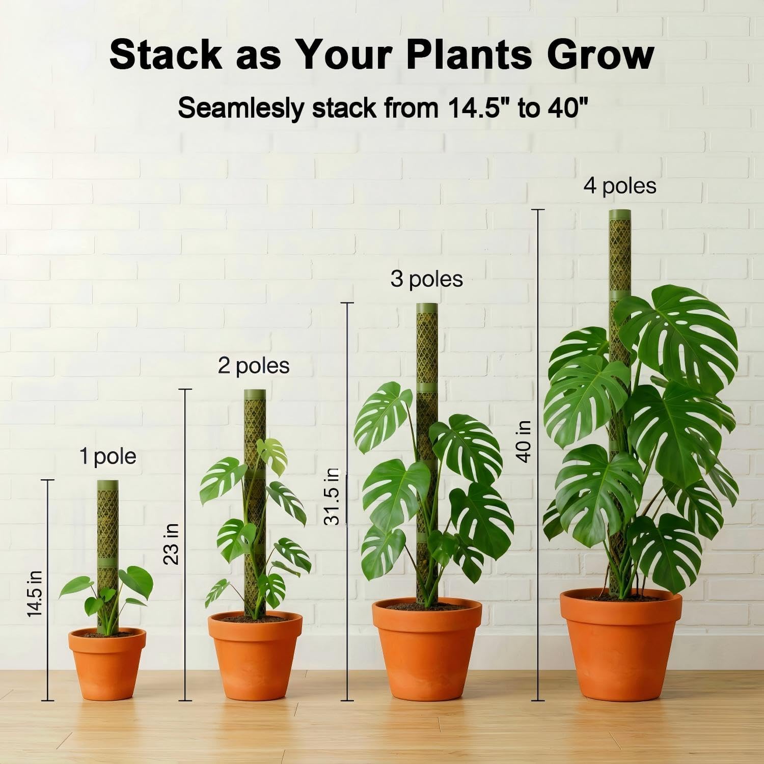 Moss Pole Monstera Plant Support: 40" Stackable Kit for Climbing Vines | No-Rot D-shape Plastic Mesh Trellis Stakes