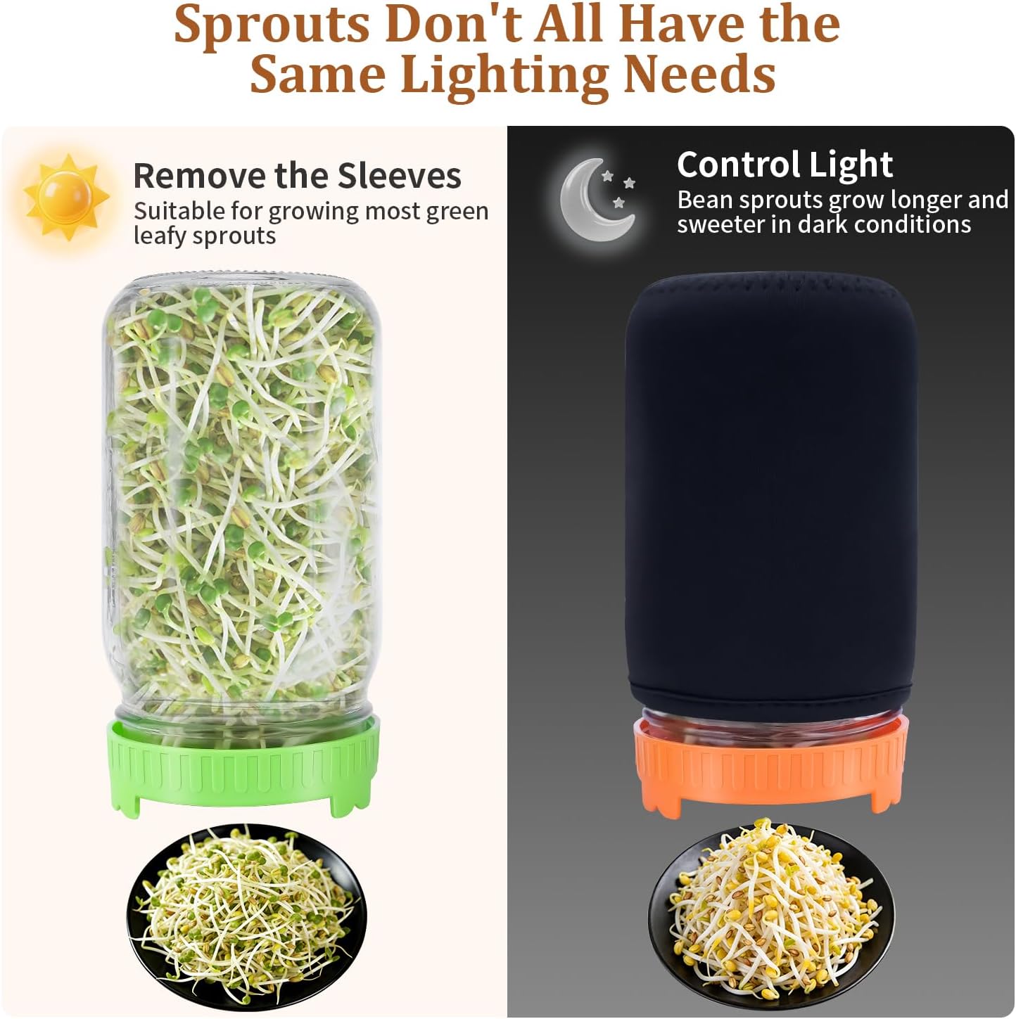 Seed Sprouting Kit with Radish 80g, 2 Large Wide Mouth Mason Jars with Sprout Lids, Blackout Sleeves, Drain Tray