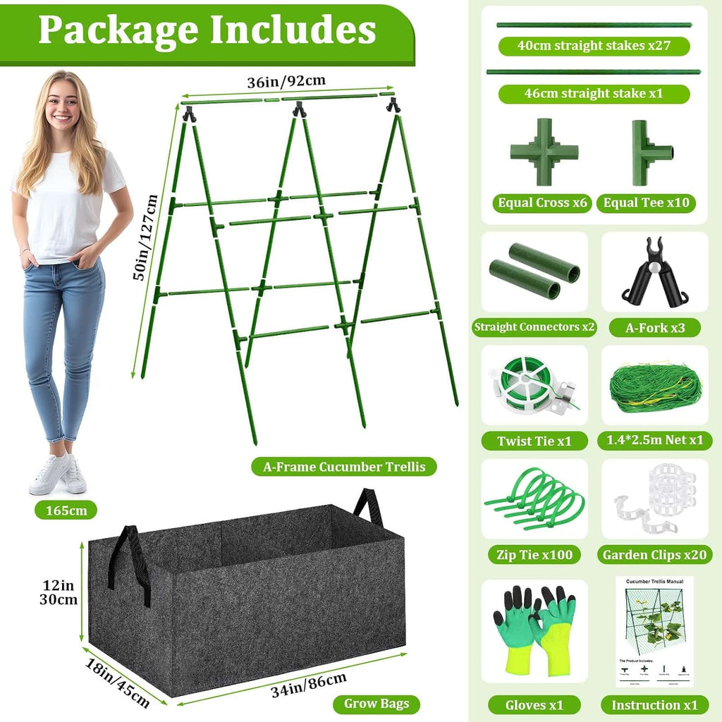 Cucumber Trellis with Grow Bag, 50 x 36 Inches Reusable Garden Vegetable Trellis with Fabric Raised Bed, Climbing Net