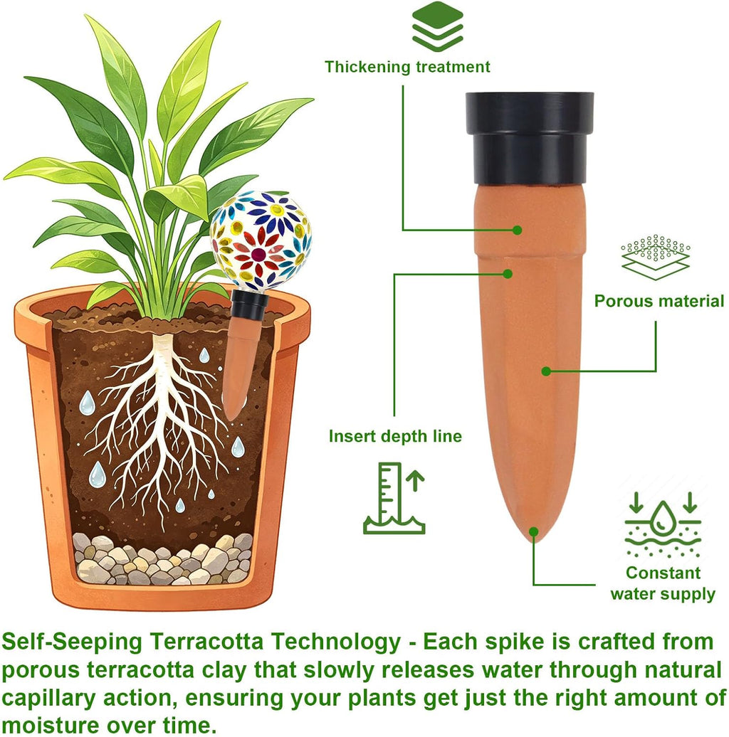 2 PCS Mosaic Plant Watering Globes with Terracotta Watering Spikes, 17oz Glass Self Watering Globes for Indoor &