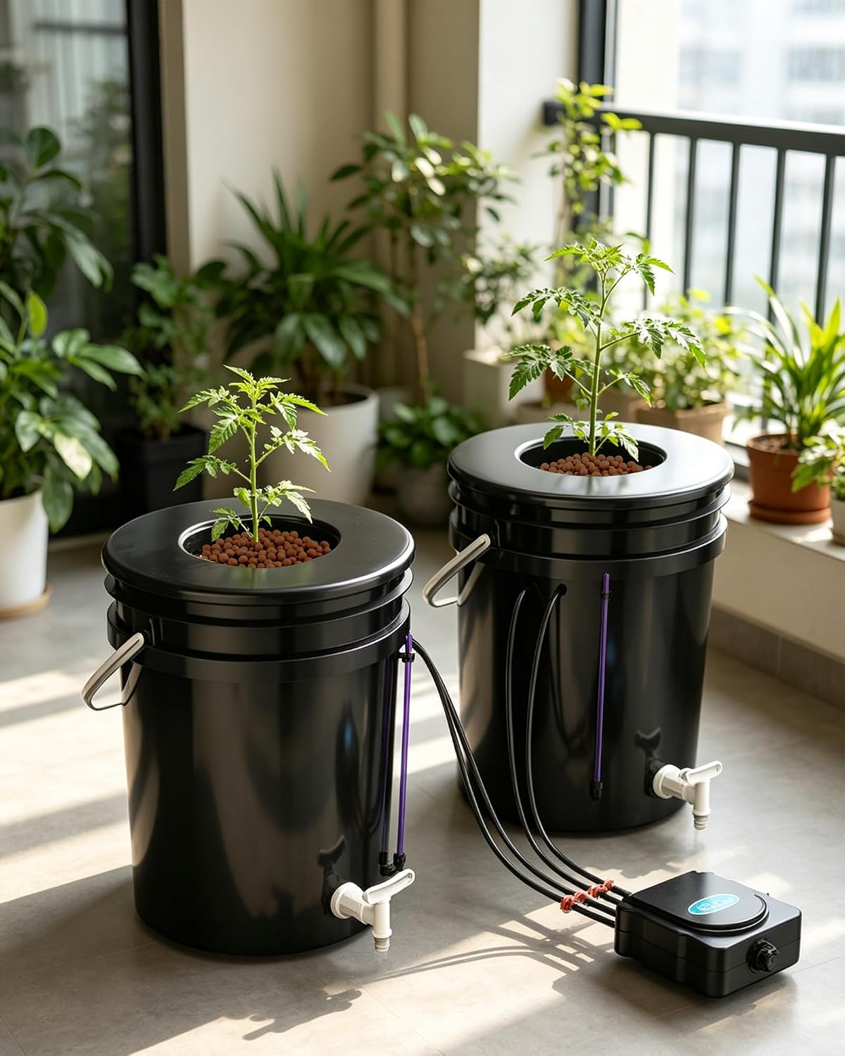 2 Buckets 5 Gallon DWC Hydroponic System, Built-in Drain Tap, Top Drip Kit with 12W 4-Outlet Air Pump, Rockwool, Clay