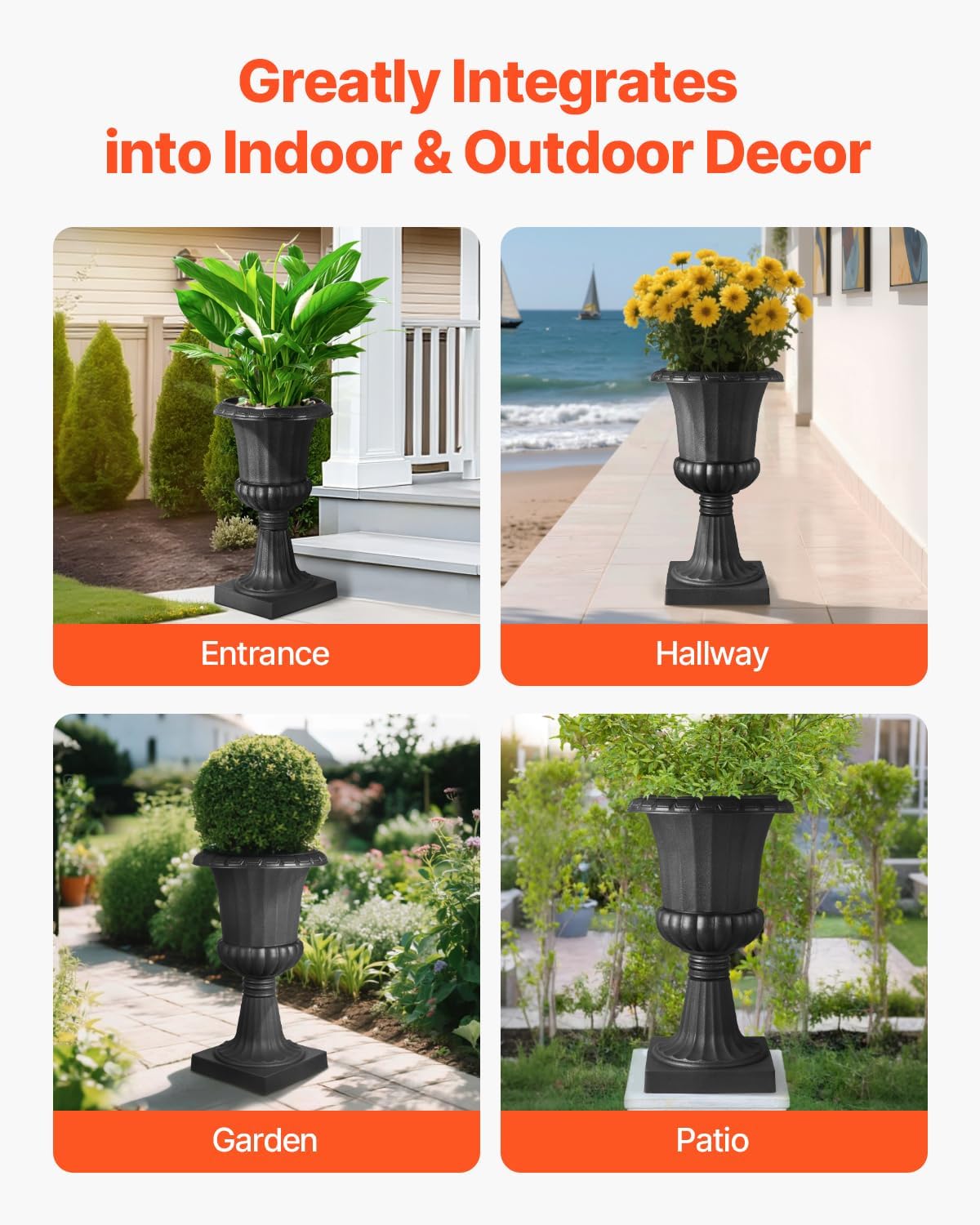 VEVOR Plastic Urn Planters, 15.8 x 26.4 Inch, 2 Pack Black Classic Flower Pots Front Porch Planters, Indoor & Outdoor