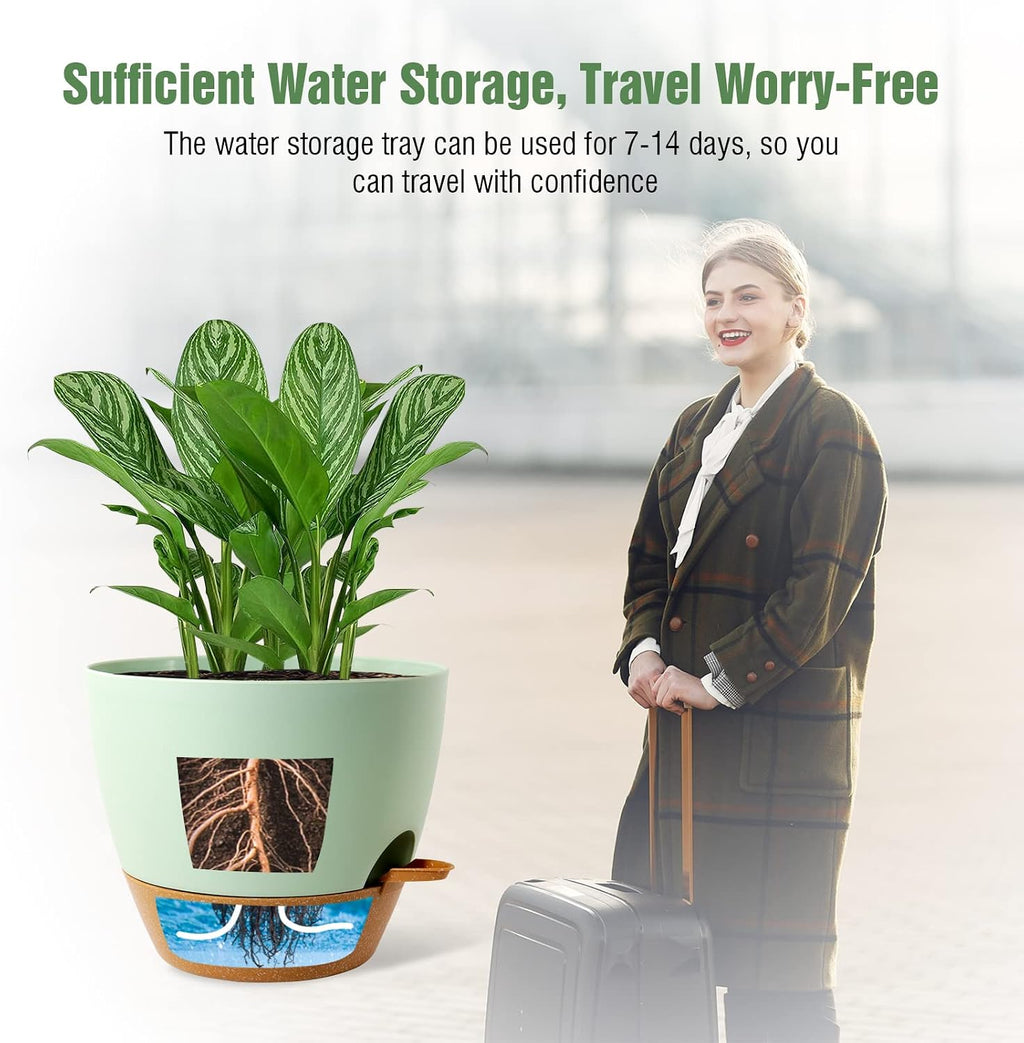 WOUSIWER 10 inch Self Watering Planters, 2 Pack Large Plastic Plant Pots with Deep Reservior and High Drainage Holes