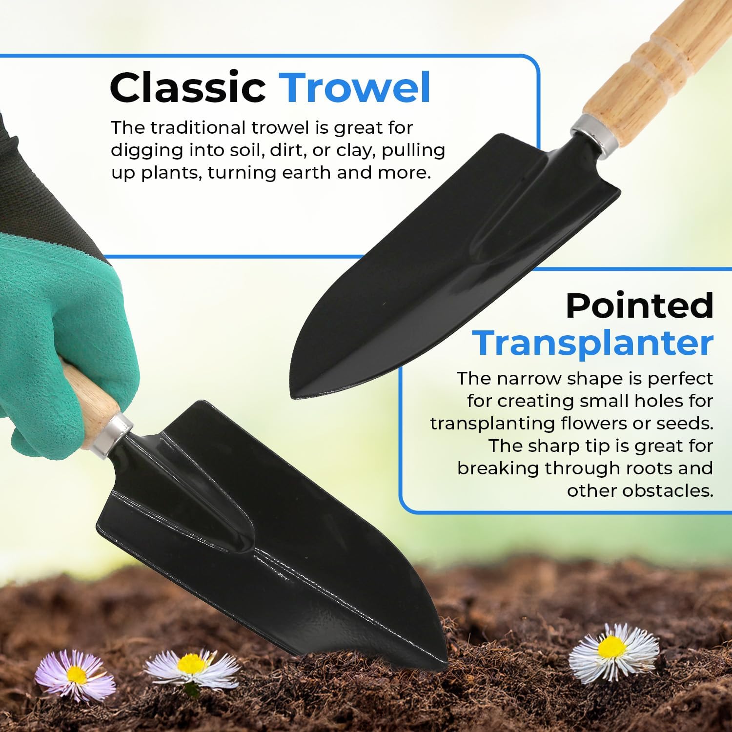 Scuddles 8-Piece Garden Tool Set with Bag | Includes Stainless Steel Tools, Wooden Handles and Cotton Gloves for