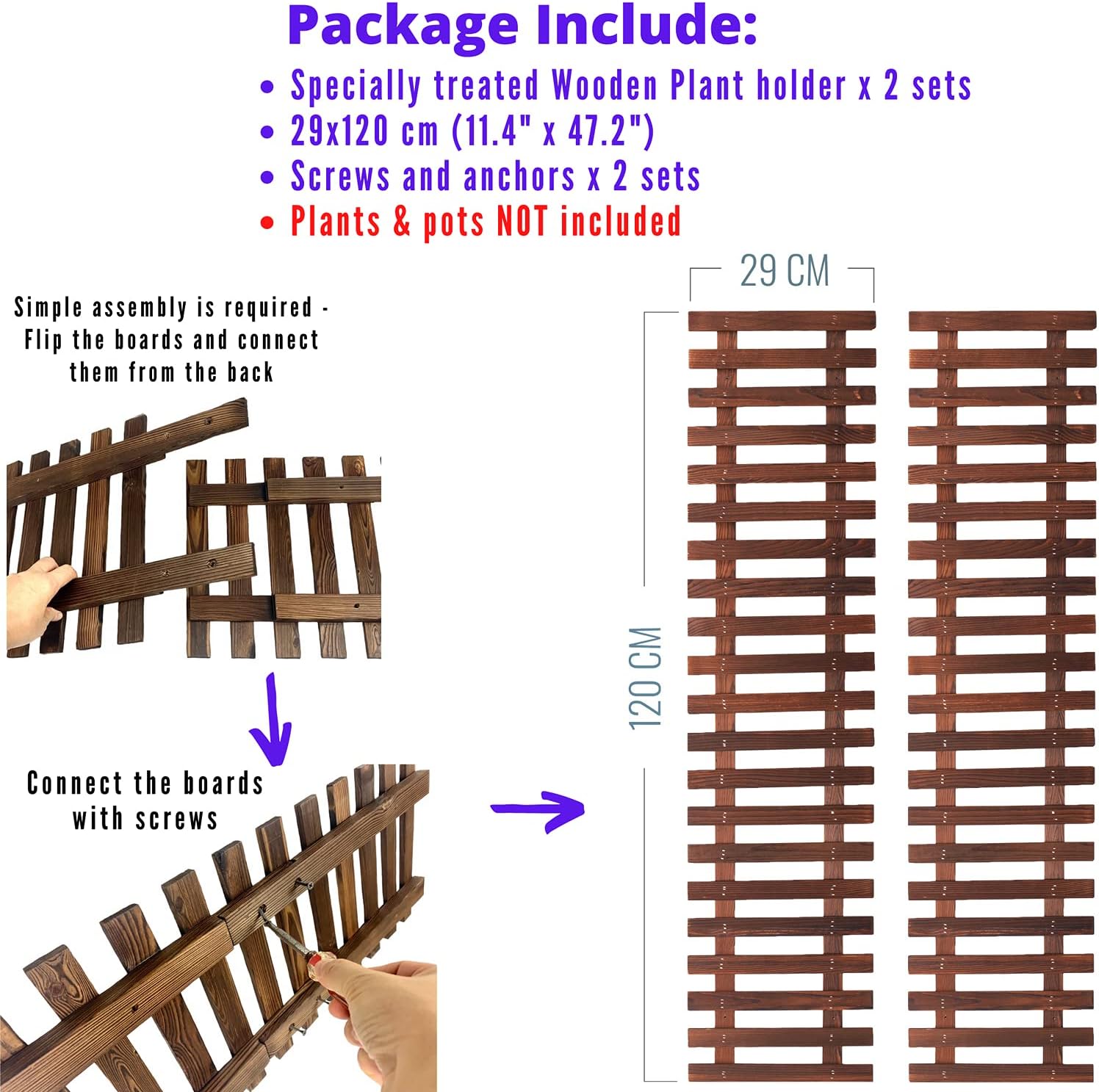 ShopLaLa Wooden Wall Planter (120cm, 2 Pack) Wooden Hanging Flower Plants | Large Outdoor Plants, Live Vertical Garden