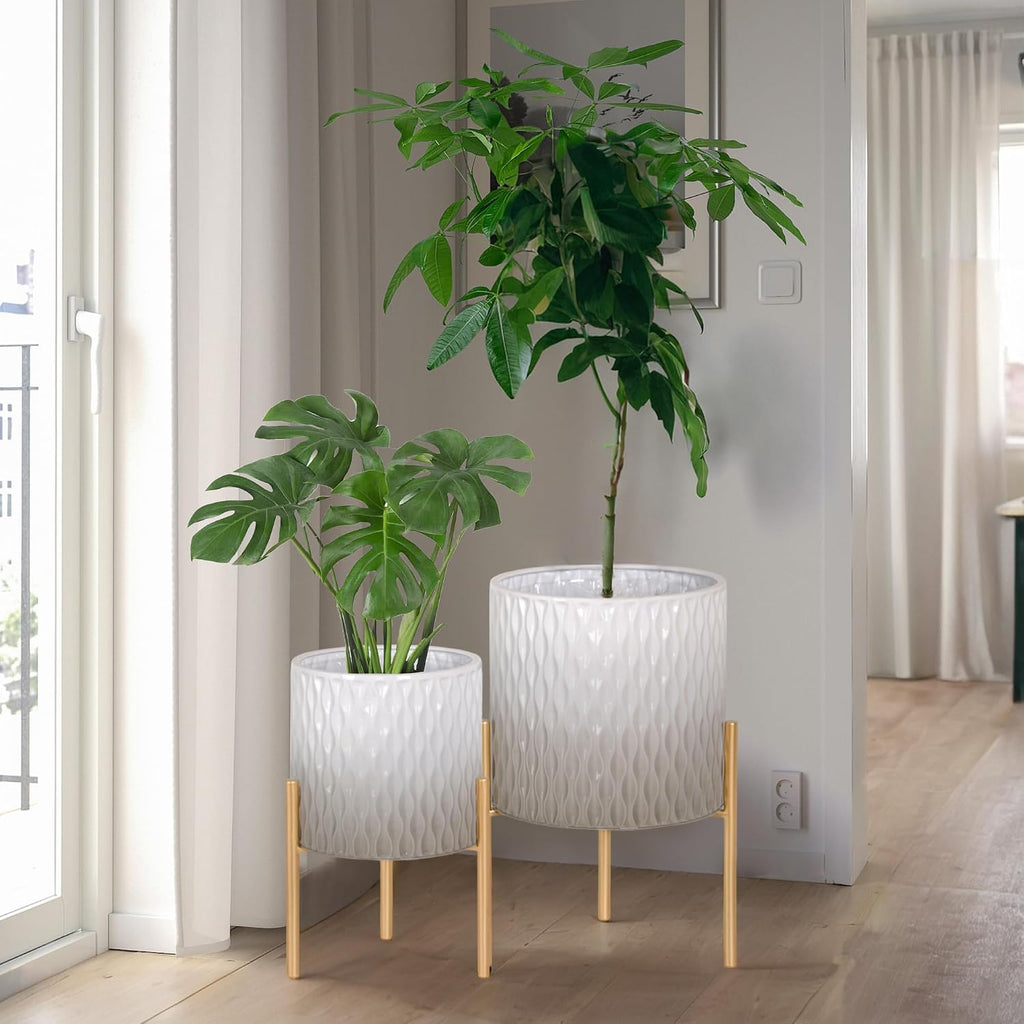 ARNIS Plants Pots with Stand, Set of 2 Indoor Planter Pots, Unique Mid Century Decorative Metal Flower Pots with
