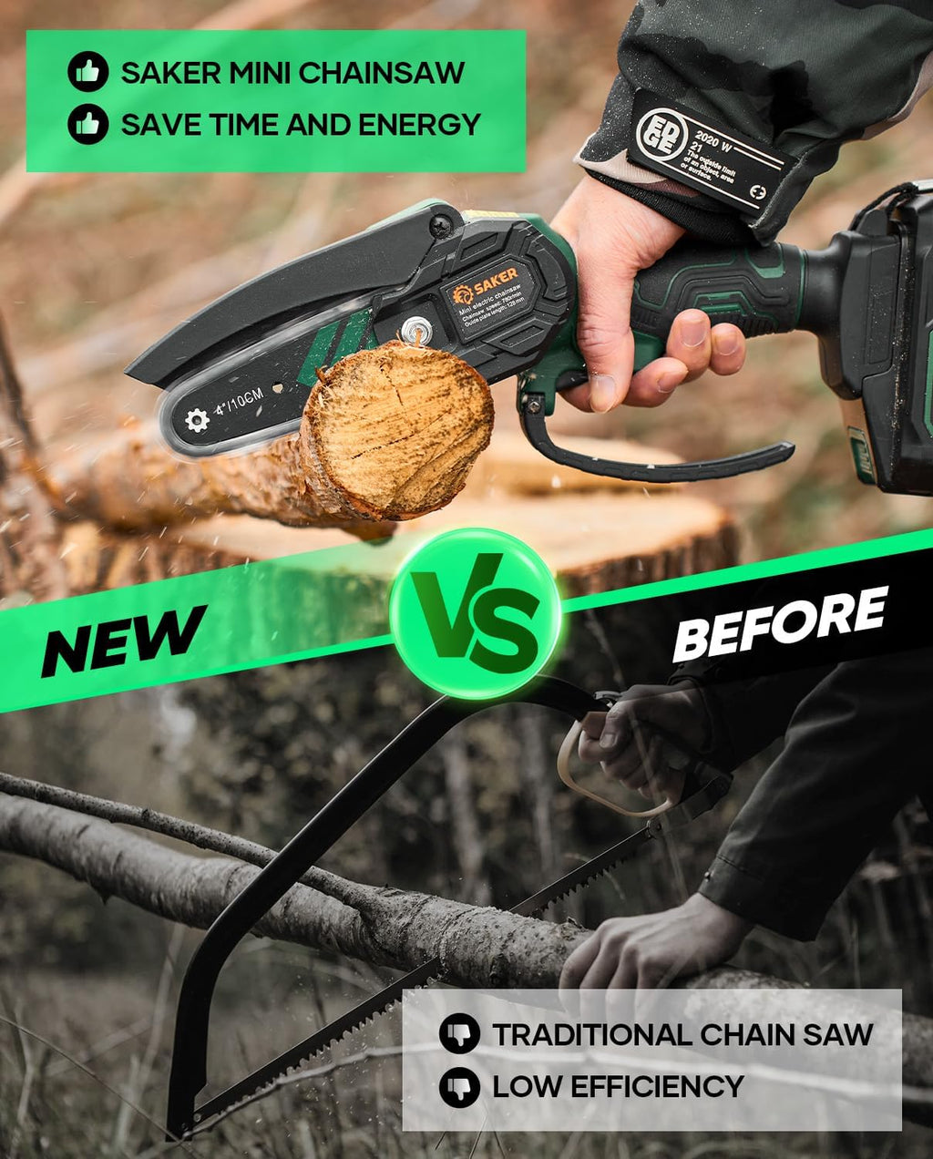 Saker Mini Chainsaw Electric with 2 Batteries Green | Cordless and Portable Chain Saw Battery Powered,Handheld Chain