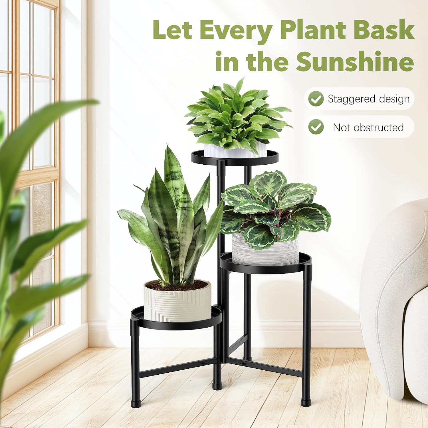 3 Tier Corner Plant Stand Indoor Outdoor, Metal, 10 Inch Wide Tray, Black | 30 In Tall Folding Flower Pot Holder
