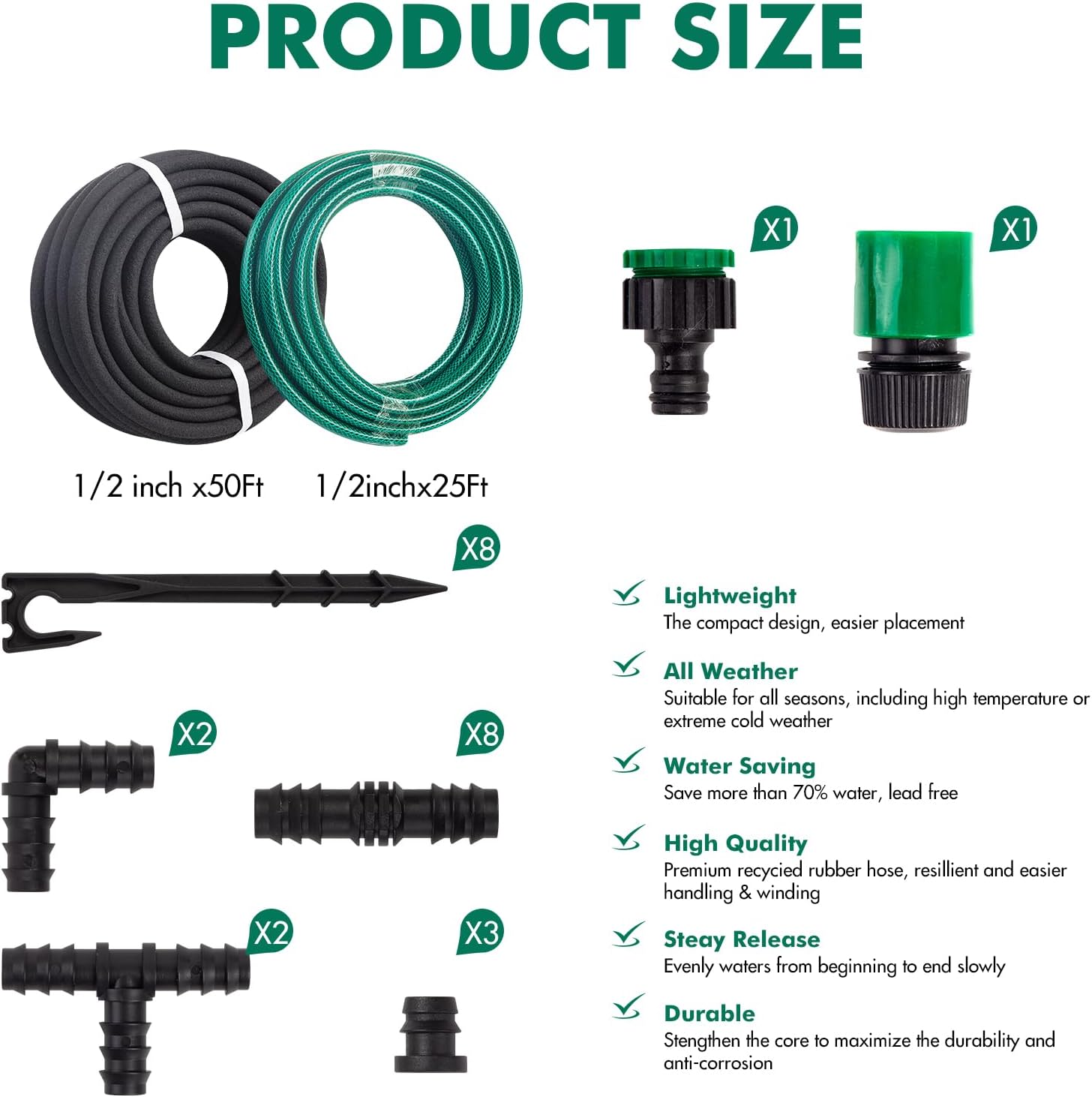 Customized Water Saving Soaker Hose System for Garden & Vegetable | 1/2 Inch 50ft Soaker Hose with 25ft PVC Garden