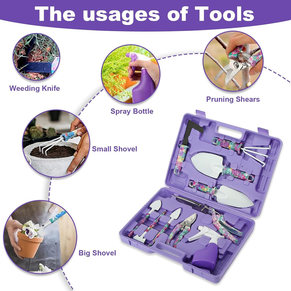 Gardening Gifts for Mom Kit, Garden Hand Tool Set for Women | All-In-One Gardening Kit, Purple Flower Print,Stainless