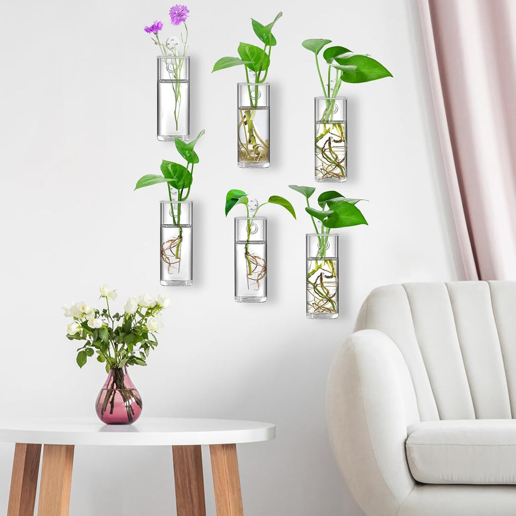 Fasmov 6 Pack Wall Hanging Glass Planters, Terrarium Holders for Air Plants, Succulents, Flowers - Square, Clear Vase