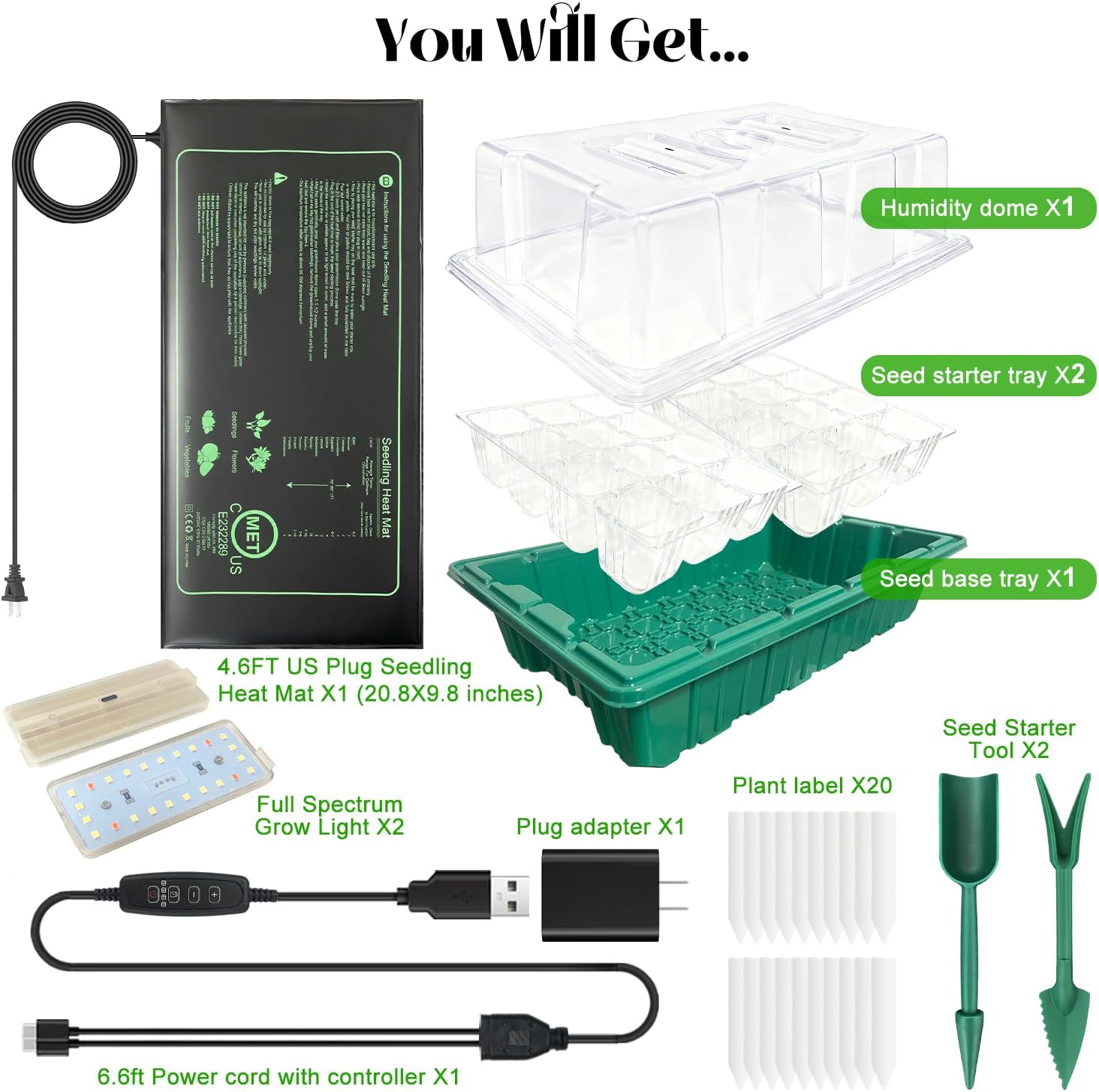 Seed Starter Trays with Grow Lights and Heat Mat for Seed Starting, Growing | Seed Starter Kit with Humidity Dome and