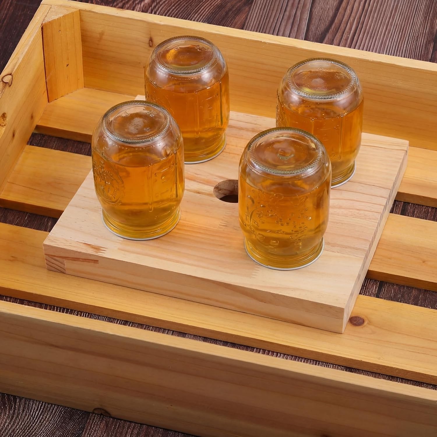 Rtteri 1 Pcs Bee Feeders for Hives with 4 Lids Wooden Honey Mason Jar Beehive Entrance Feeder for Beekeeping Bee