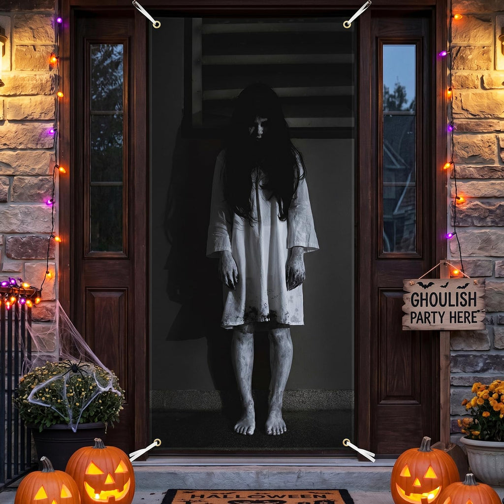 Halloween Door Backdrop Banner Ghost Girl Creepy Devil Go Crazy Terror Theme Scary Halloween Party Decoration Supplies for Women Men 80x35 Inch