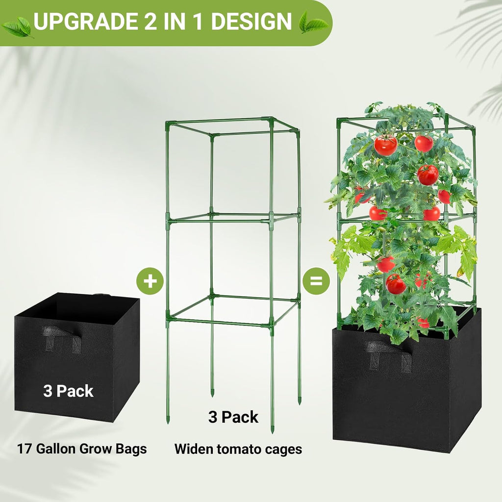 3 Pack Tomato Cages with 17 Gallon Grow Bags, 47” Heavy Duty Square Tomato Plant Stakes Support Cages Trellis for