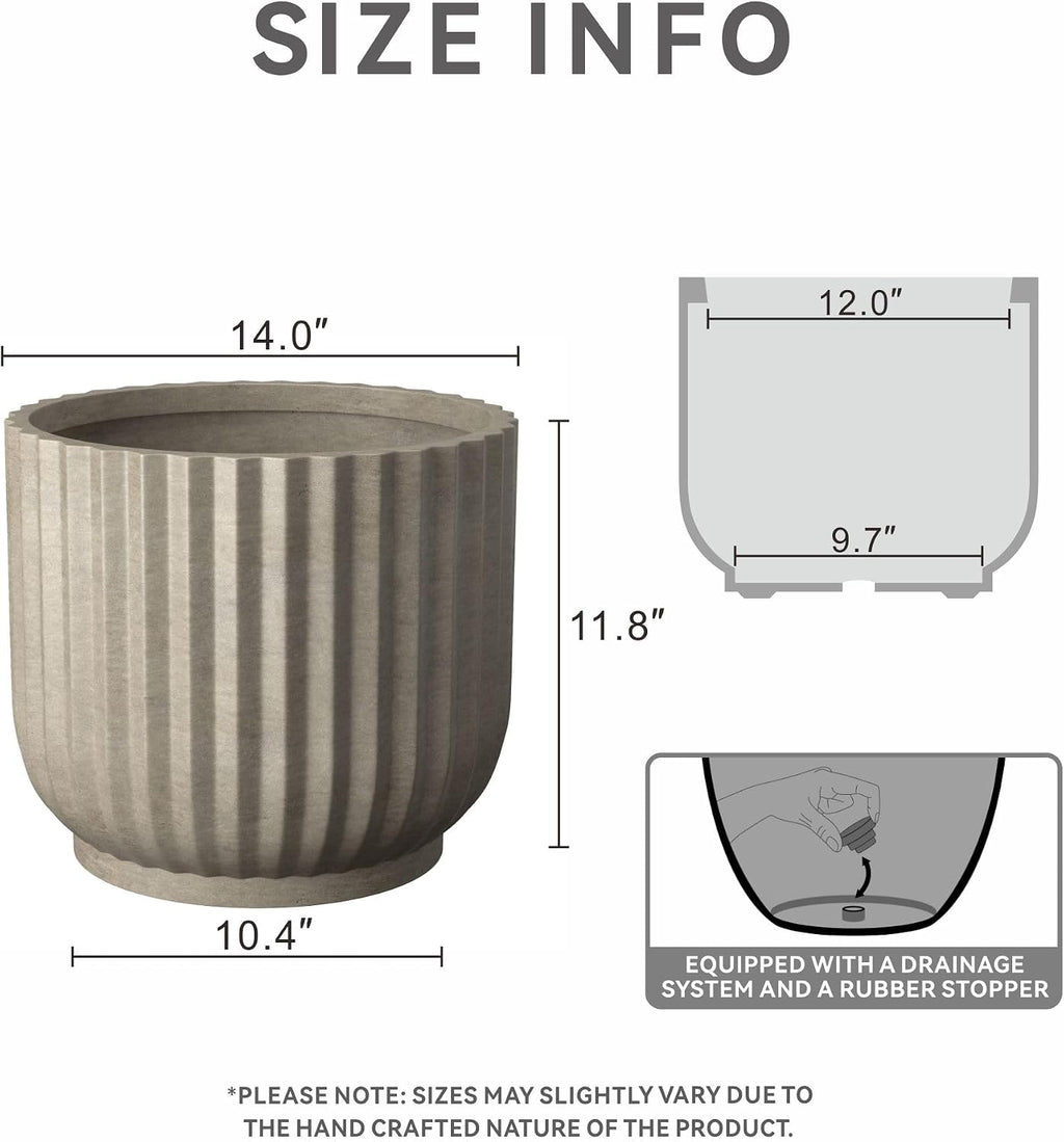 Kante Accent Round Pedestal Weathered Concrete Planter 14" Dia, Outdoor | Fluted, Rubber Plug for Indoor, Drainage for