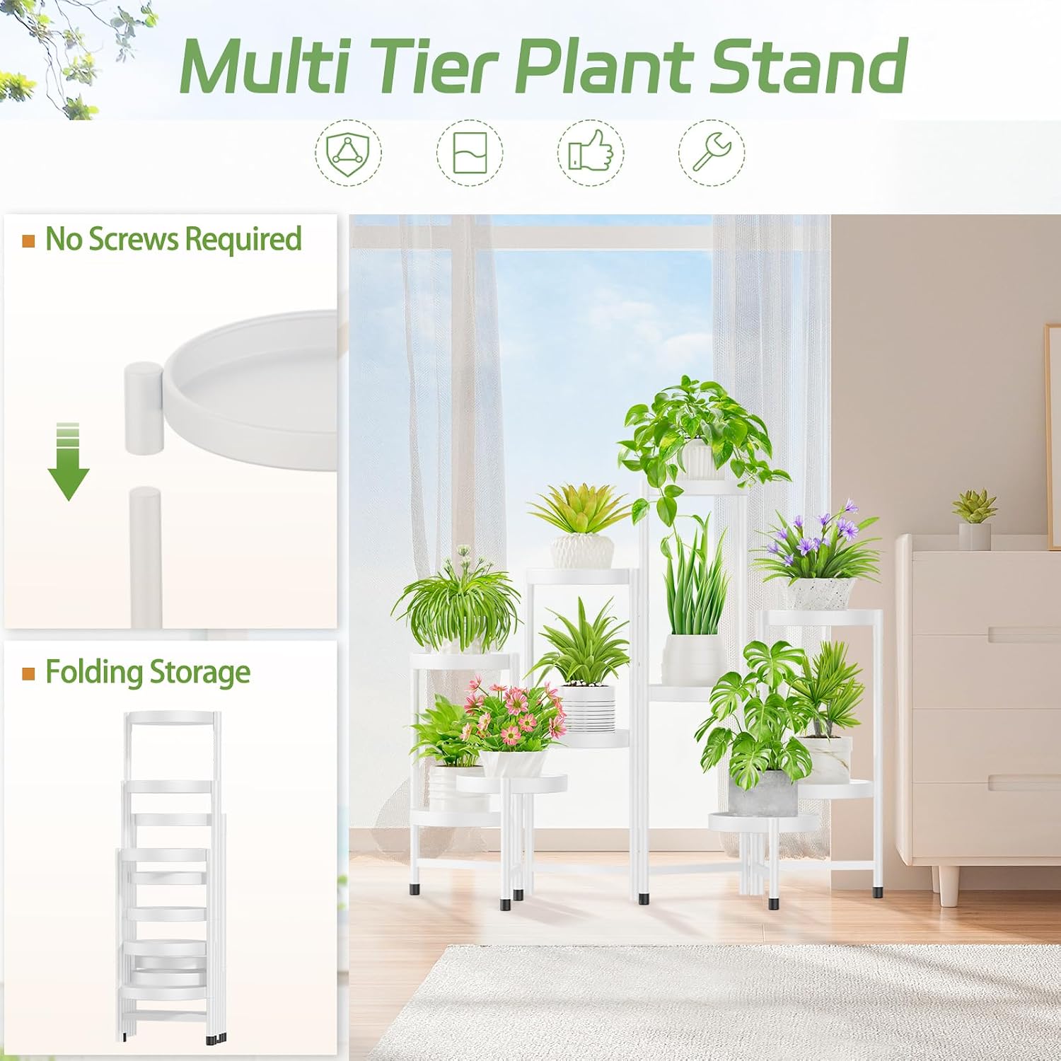 iDavosic.ly Plant Stand Indoor Outdoor, 10 Tier Metal Corner Shelf, White | Tiered Flower Display Holder, Folding Multi